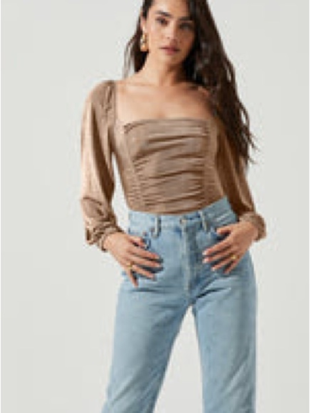 Astr Taupe Ruched Square-Neck Long Sleeve Bodysuit
